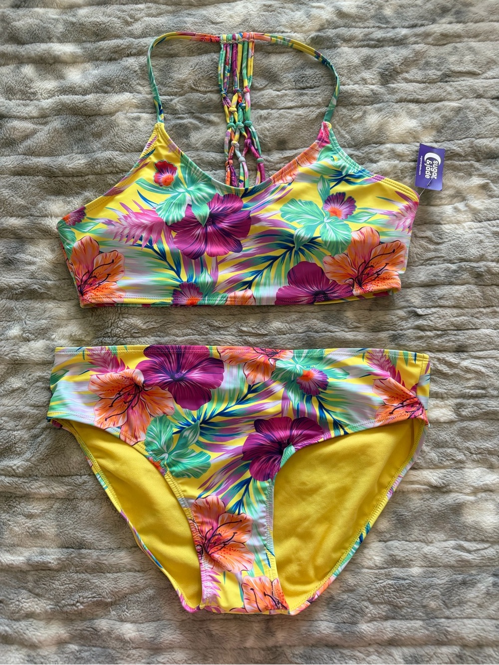 Sugar & Jade Size XXL 20/22 Kids Yellow Tropical Floral Two-Piece Swim Set